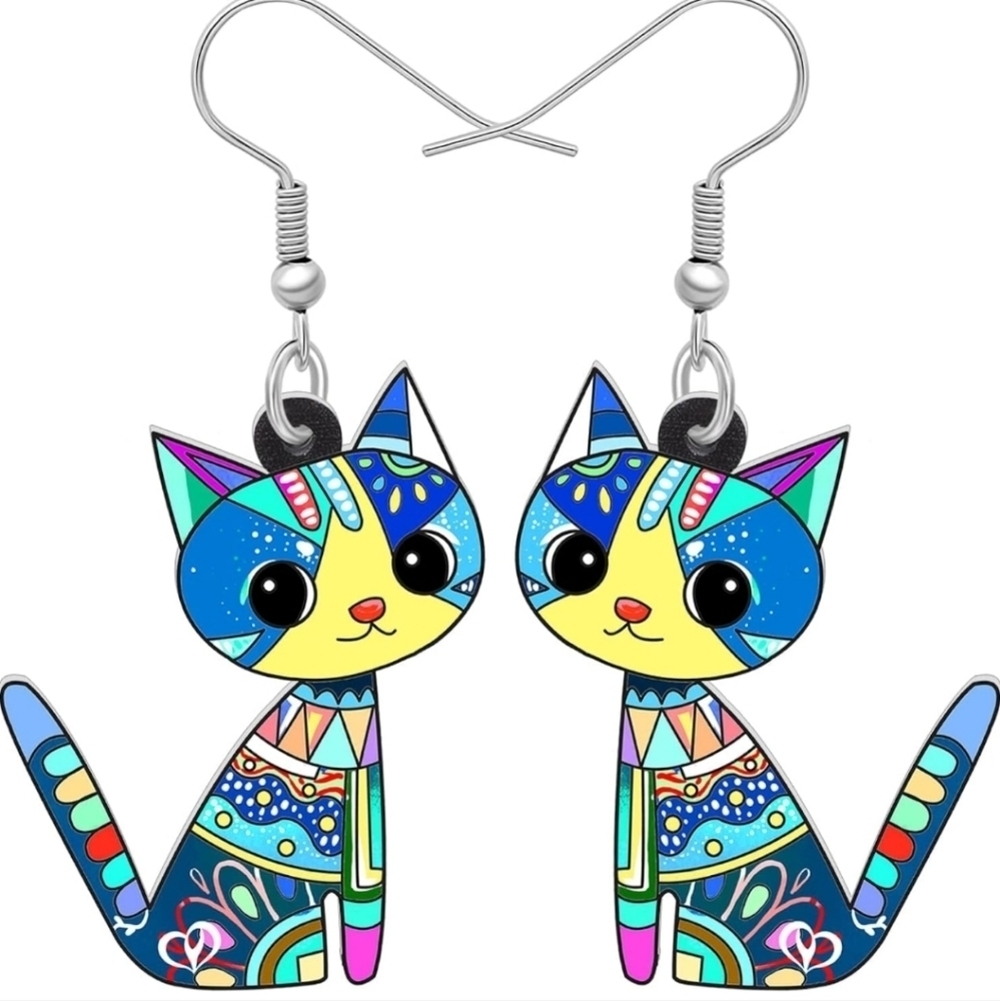 Whimsical Green and Blue Cat Earrings with Expressive Eyes